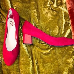 Red block heel pumps